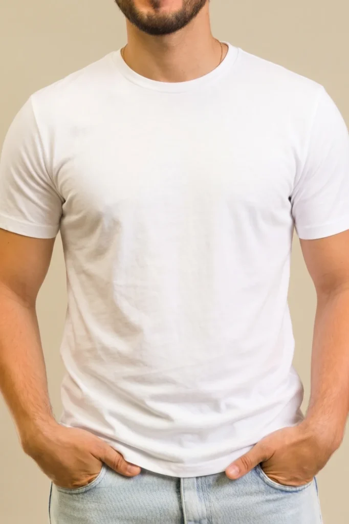 T shirt 100% algodão Pima branca de frente em modelo masculino com mãos nos bolsos da calça jeans